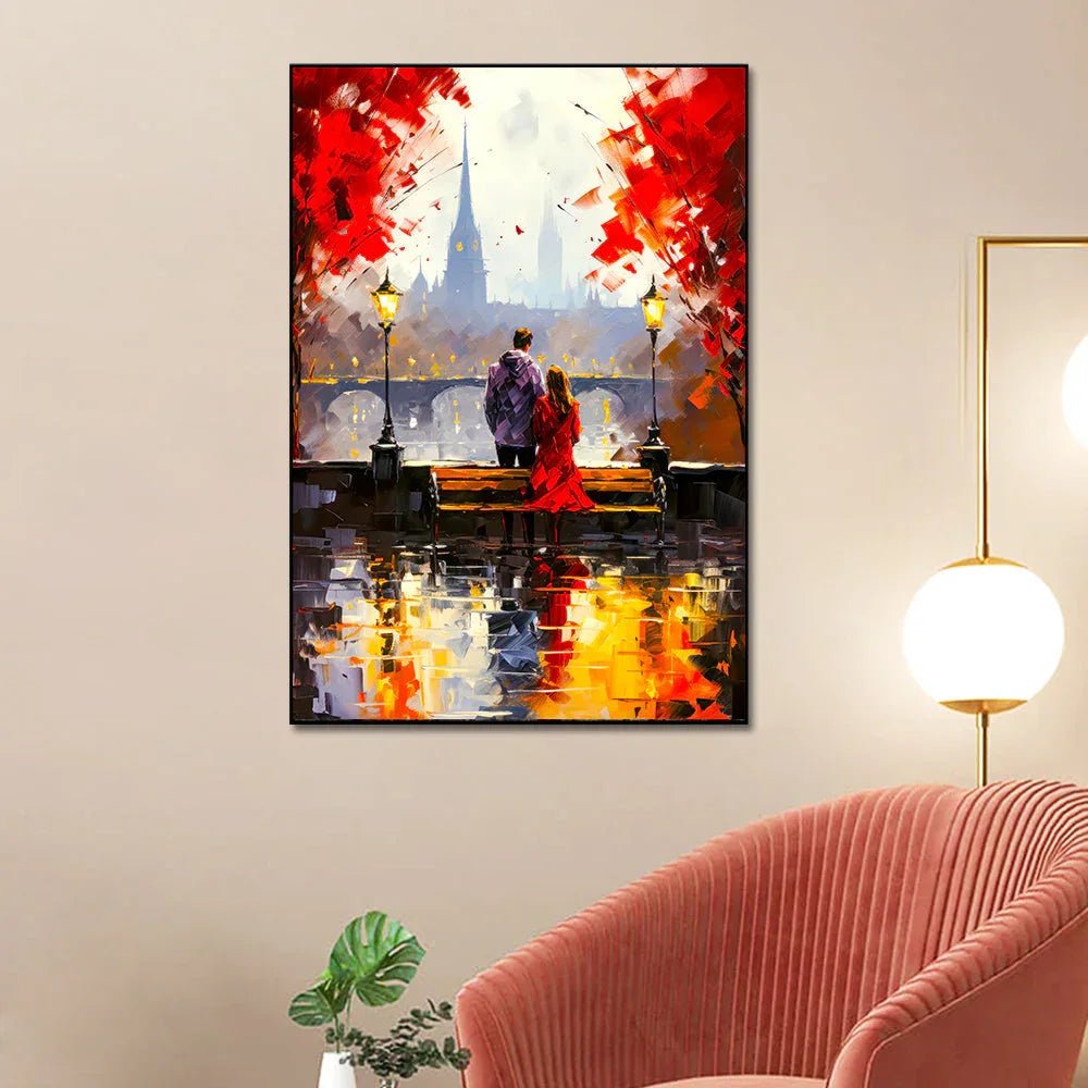 Young Couple Artwork Sitting on Bench Canvas Wall Paintings & Arts - All India Decor