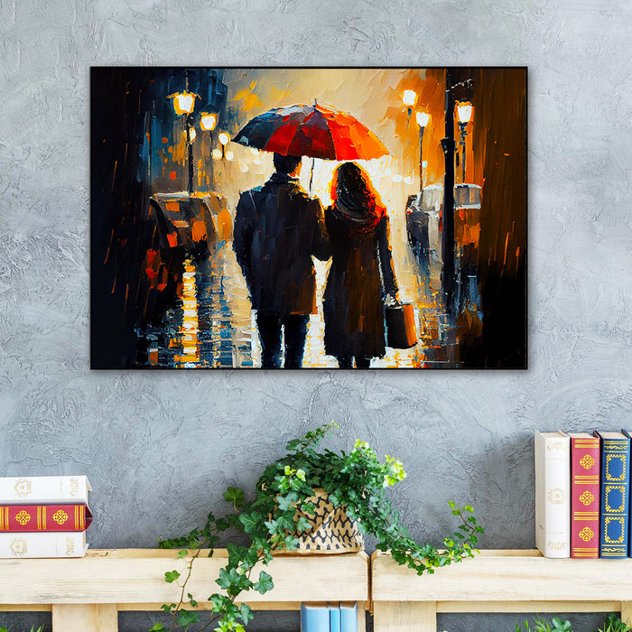 Beautiful Couple Walking in The Rain Holding an Umbrella Canvas Wall Paintings & Arts