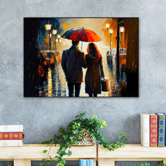 Beautiful Couple Walking in The Rain Holding an Umbrella Canvas Wall Paintings & Arts - All India Decor