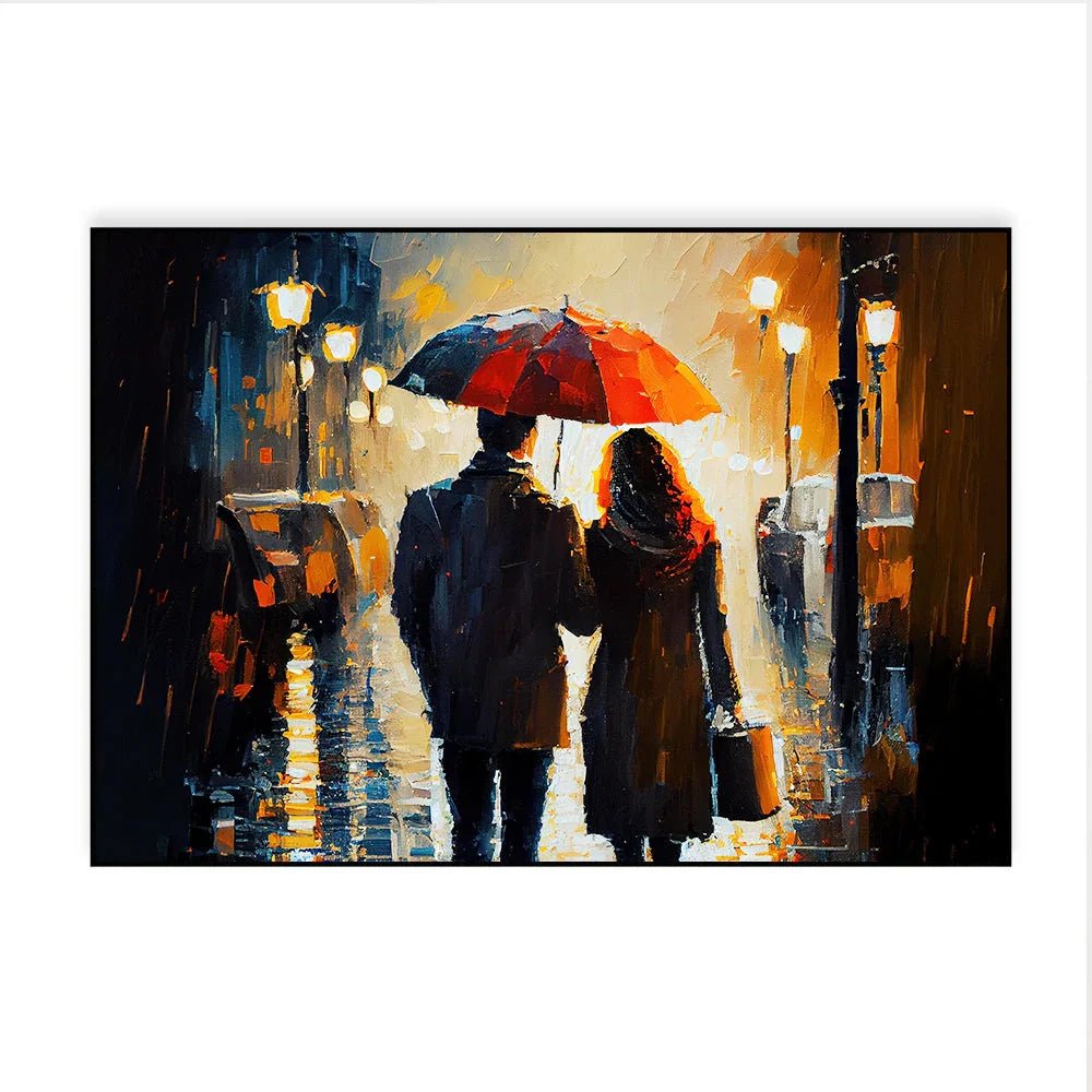 Beautiful Couple Walking in The Rain Holding an Umbrella Canvas Wall Paintings & Arts - All India Decor