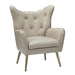 cream accent chair with tufted backrest and gold legs on a white background