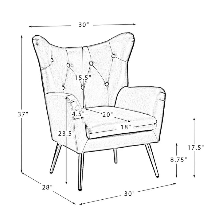 Measurement diagram of an accent chair with dimensions labeled.
