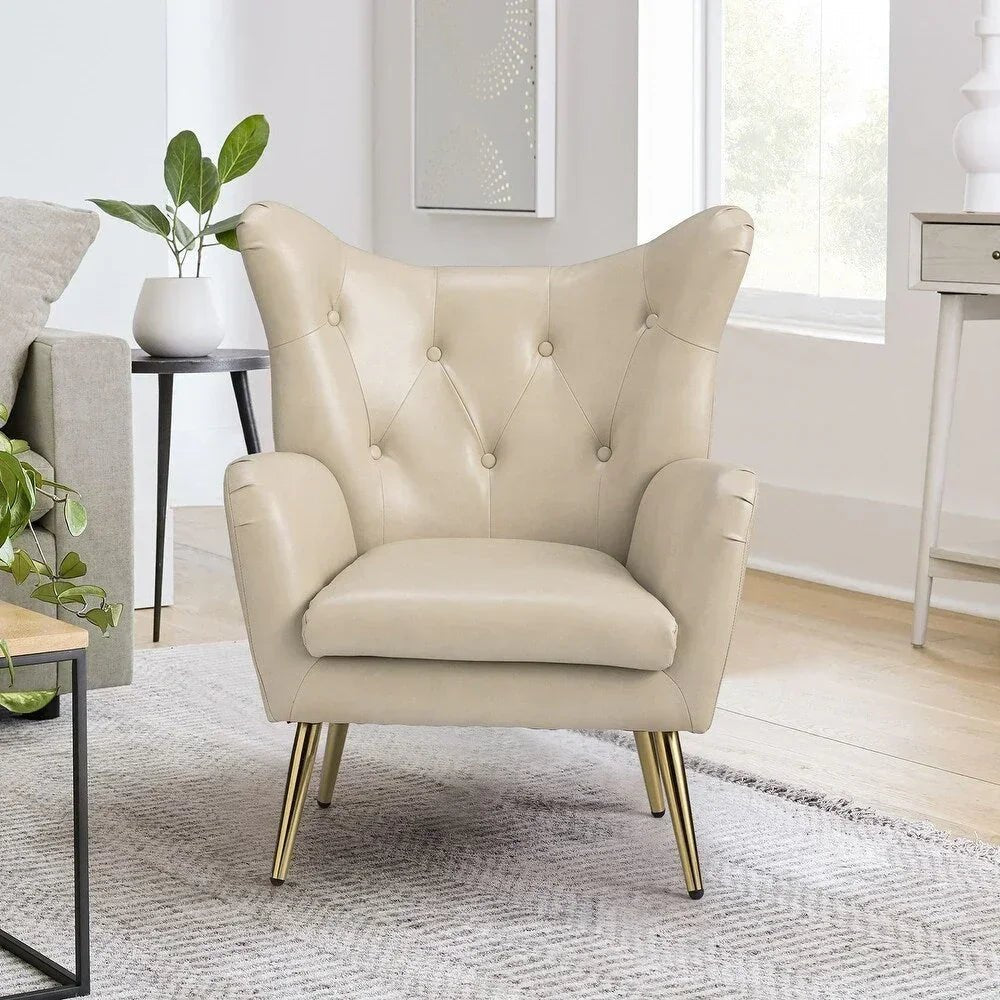 Hedley Cream Leather Accent Chair with Golden Legs - All India Decor