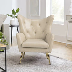 Hedley Cream Leather Accent Chair with Golden Legs - All India Decor