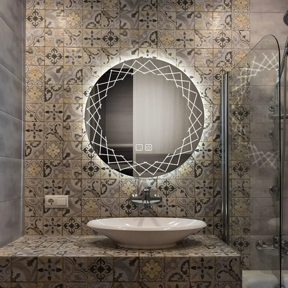 Circular LED Mirror with Crooked Etching Design - All India Decor