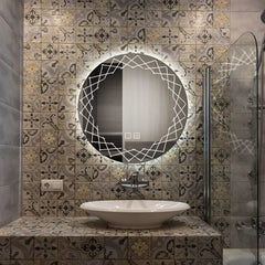 Circular LED Mirror with Crooked Etching Design - All India Decor