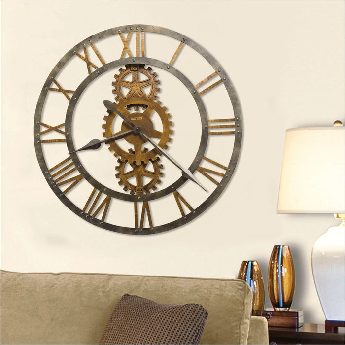 Large vintage  wall clock with gears in a living room settingintage