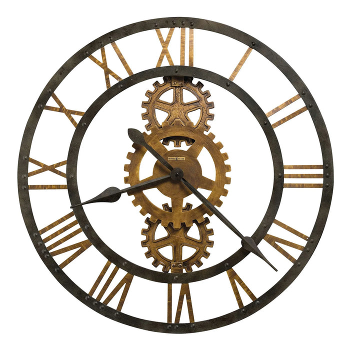 vintage wall clock with gears and Roman numerals on a white background
