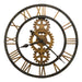vintage wall clock with gears and Roman numerals on a white background