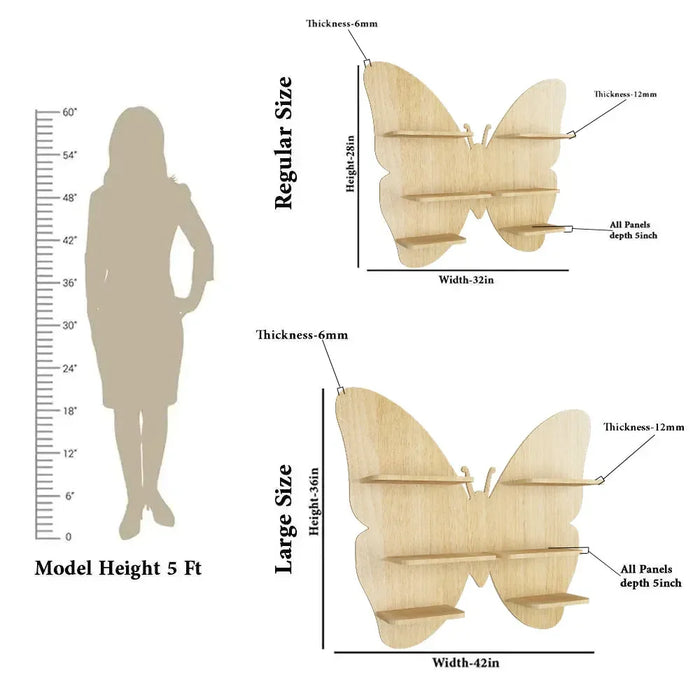 Wooden butterfly shelf with size measurements on a white background