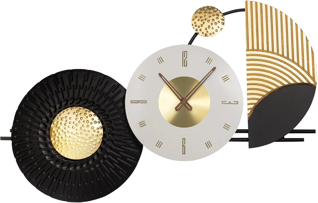 Modern wall clock with black, gold, and white design elements on a white background