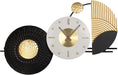 Modern wall clock with black, gold, and white design elements on a white background