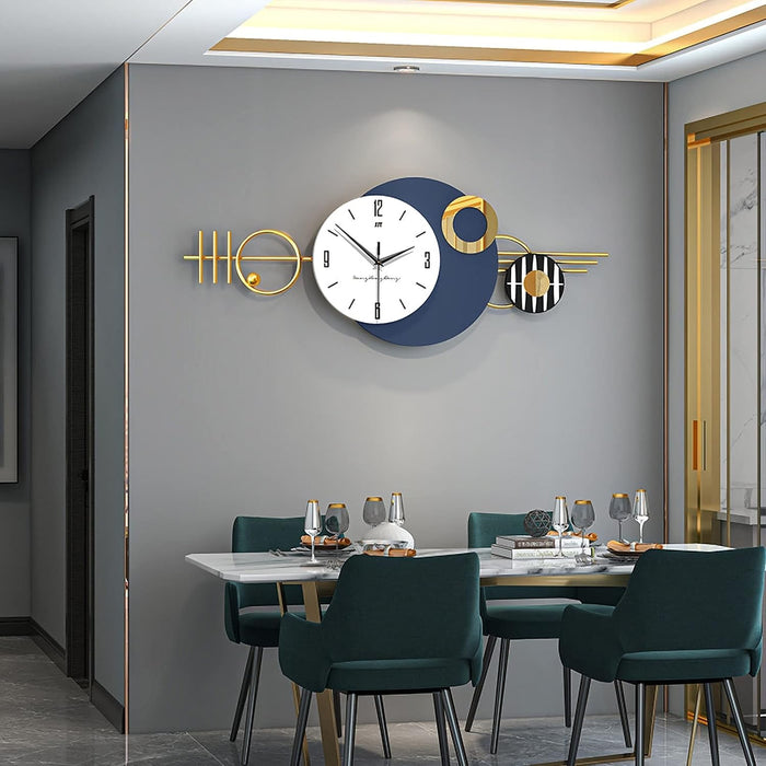 Modern wall clock with decorative elements in a dining room setting