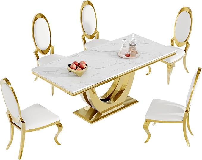 Dining table set with marble top and gold legs, surrounded by 6 matching chairs on a white background.