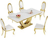 Dining table set with marble top and gold legs, surrounded by 6 matching chairs on a white background.