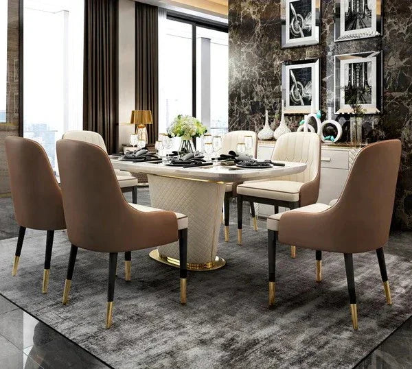 Dining room with luxury dining table set beige chairs in a modern interior setting.