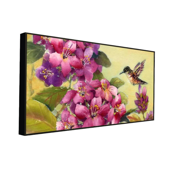 Beautiful Flower Bunch and Humming Bird Canvas  Wall Painting