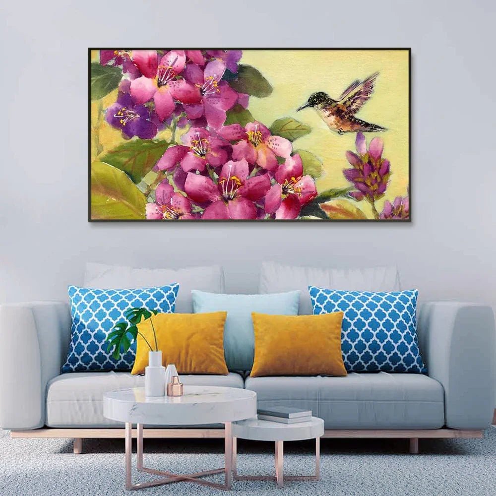 Beautiful Flower Bunch and Humming Bird Canvas Wall Painting - All India Decor