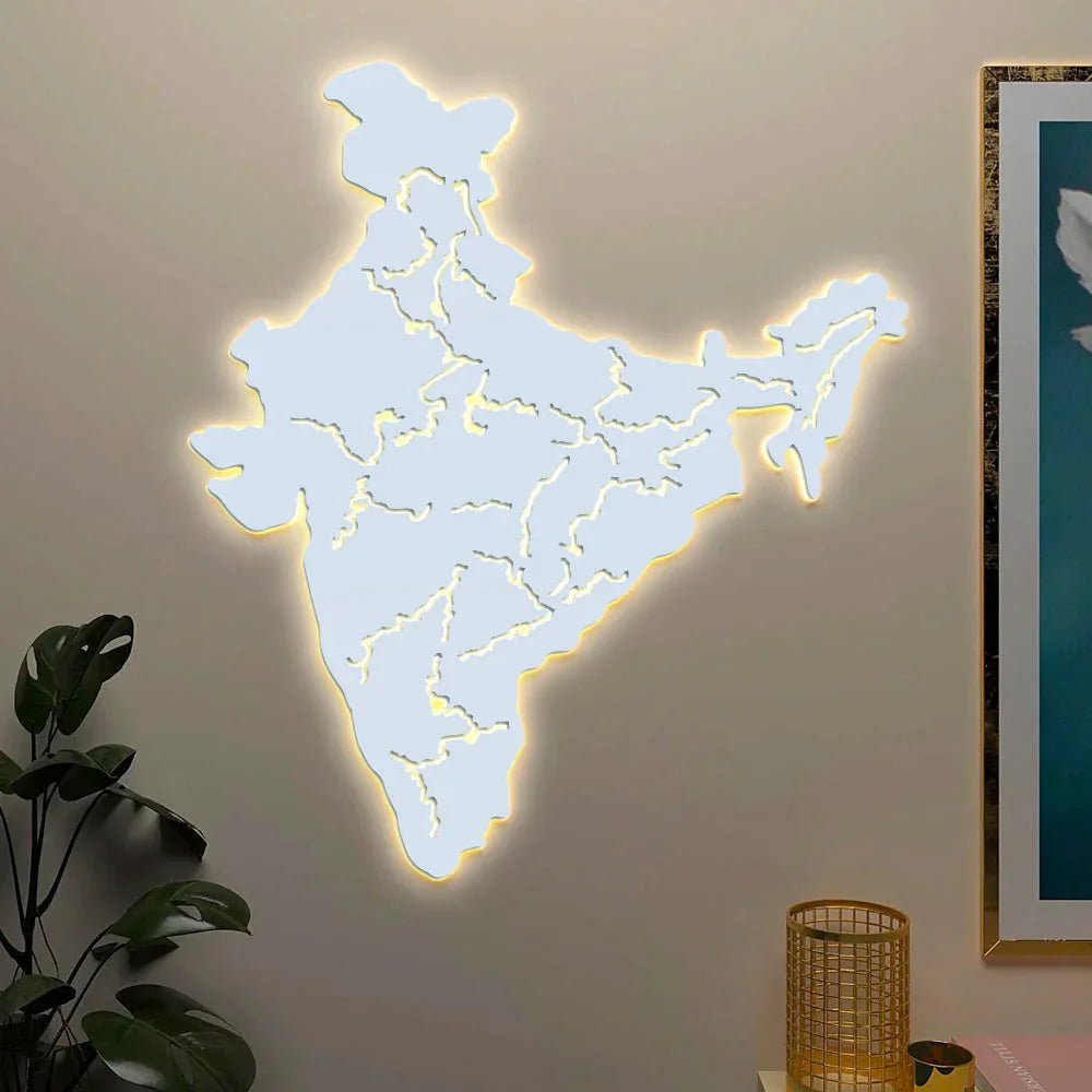 India Map Backlit Wooden Wall Decor with LED Night Light Walnut Finish - All India Decor
