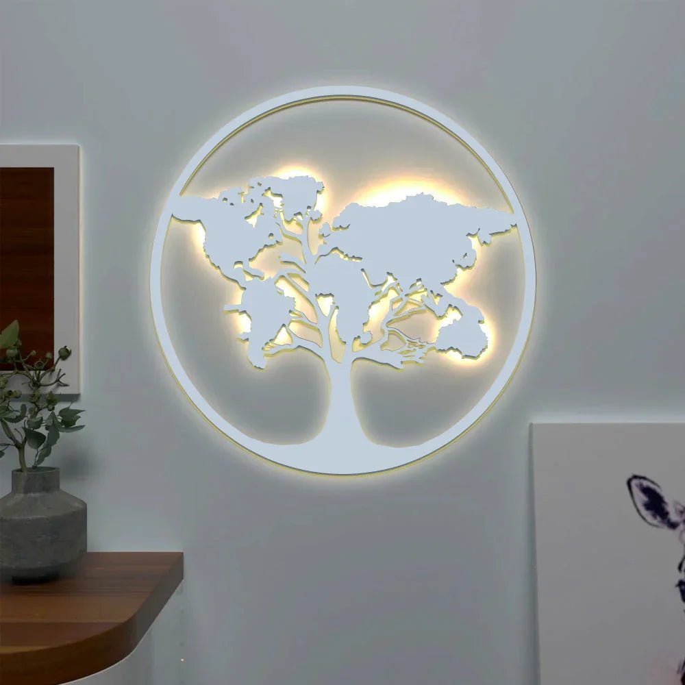 The World Map Tree Backlit Wall Art/ Night Light, Walnut Finish - All India Decor