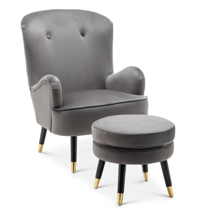 Luxury Grey Velvet Lounge Chair With Ottoman