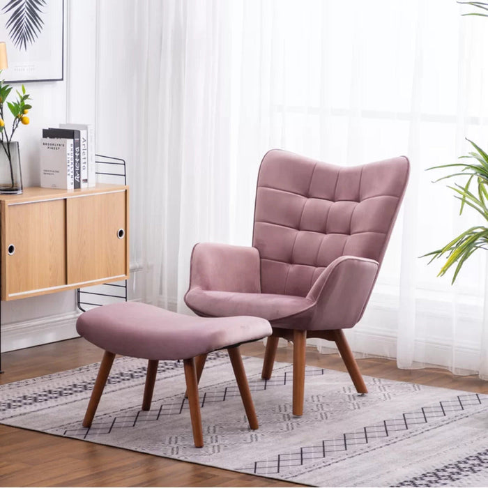 Tufted Curvy Long Back Peach Lounge Chair With Ottoman