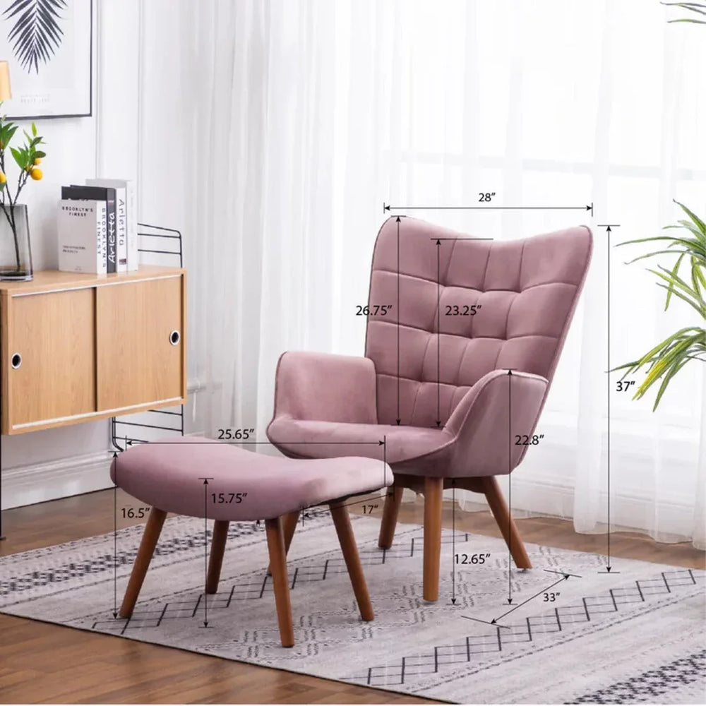 Tufted Curvy Long Back Peach Lounge Chair With Ottoman - All India Decor