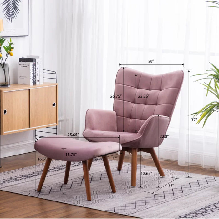 Tufted Curvy Long Back Peach Lounge Chair With Ottoman