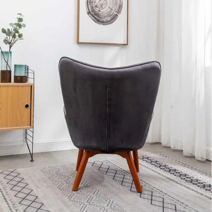 Tufted Curvy Long Back Grey Lounge Chair With Ottoman