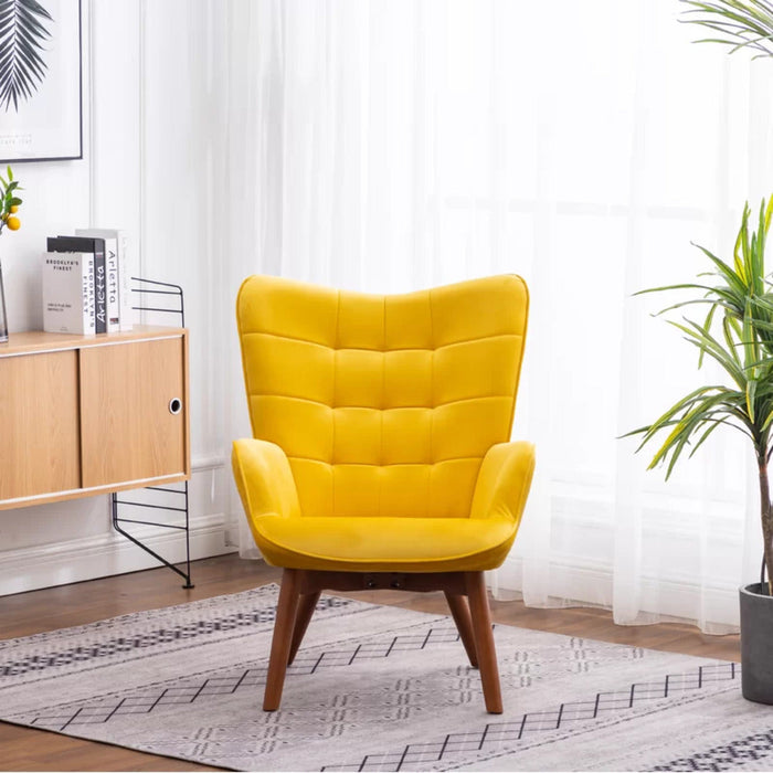 Tufted Curvy Long Back Yellow Lounge Chair With Ottoman