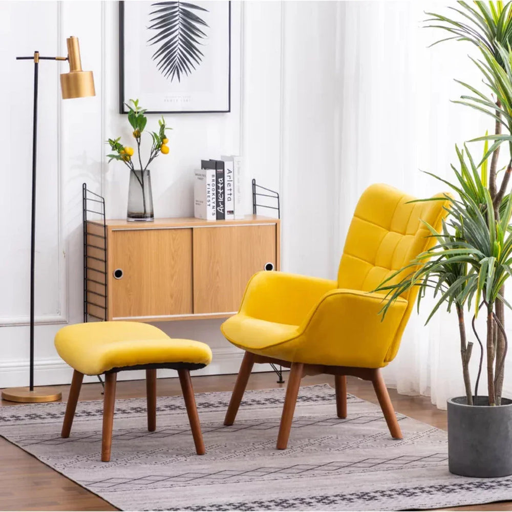 Tufted Curvy Long Back Yellow Lounge Chair With Ottoman - All India Decor
