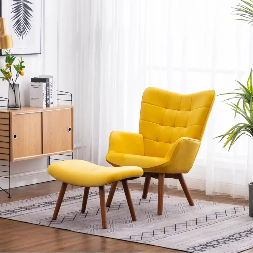 Tufted Curvy Long Back Yellow Lounge Chair With Ottoman - All India Decor