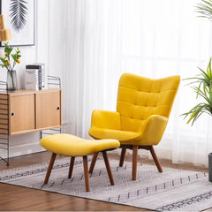 Tufted Curvy Long Back Yellow Lounge Chair With Ottoman - All India Decor