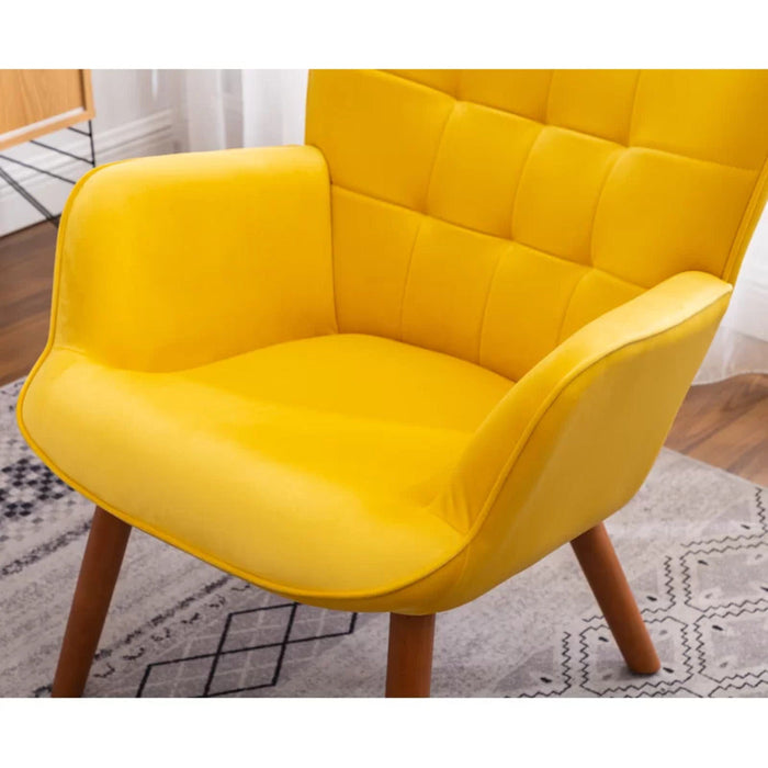 Tufted Curvy Long Back Yellow Lounge Chair With Ottoman