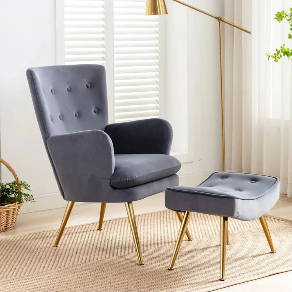 Tufted Long Back Grey Lounge Chair With Ottoman - All India Decor