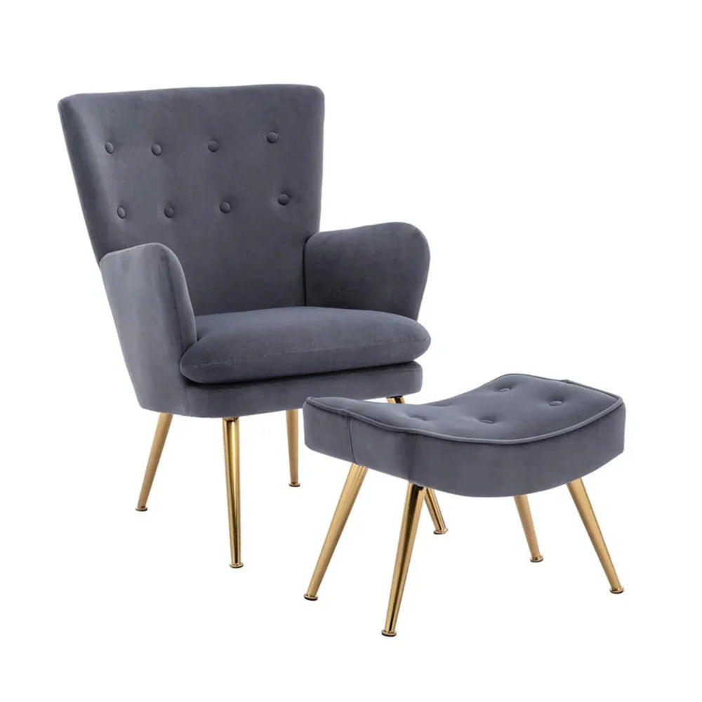 Tufted Long Back Grey Lounge Chair With Ottoman - All India Decor