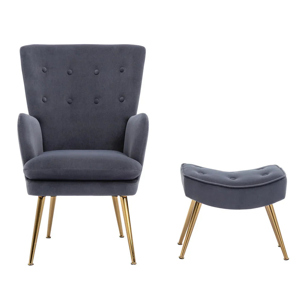 Tufted Long Back Grey Lounge Chair With Ottoman - All India Decor