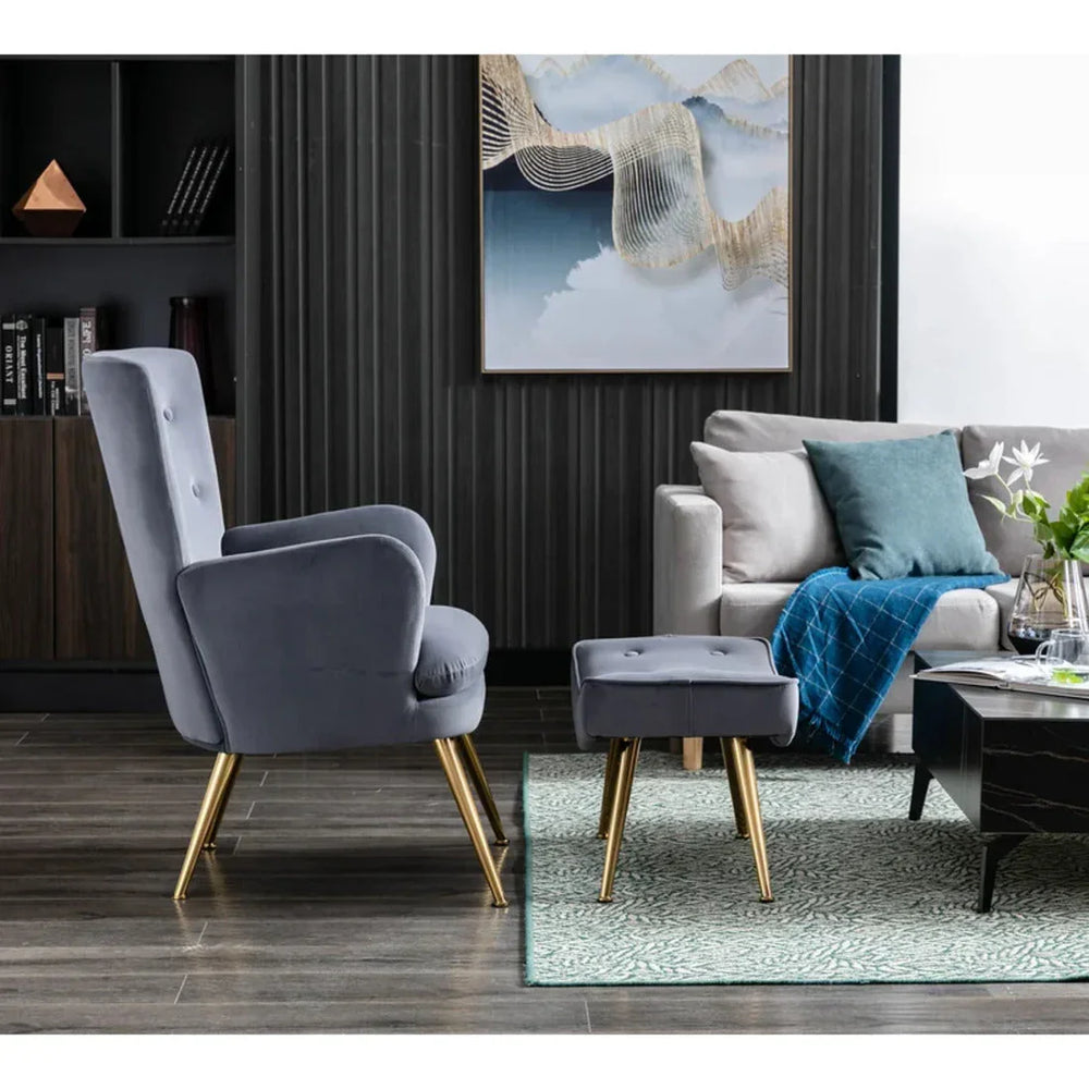 Tufted Long Back Grey Lounge Chair With Ottoman - All India Decor