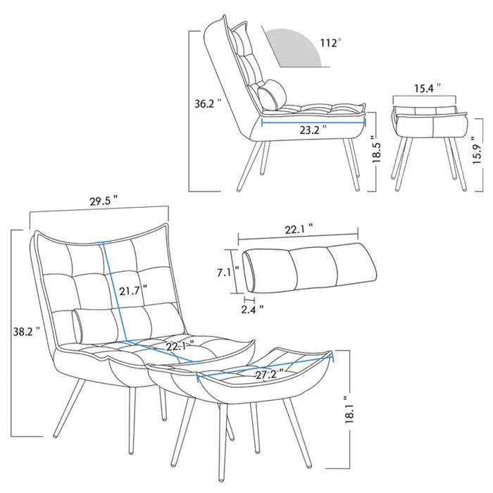 Tufted Long Back Grey Lounge Chair With Ottoman