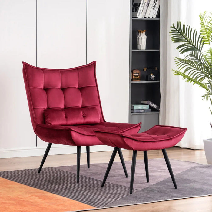 Crimson Leatherette Armchair With Footrest & Cushion