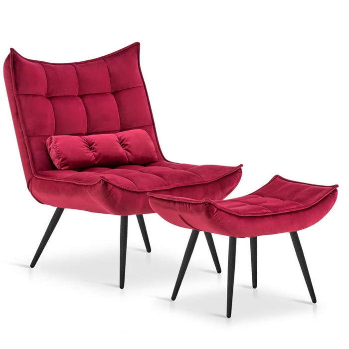 Crimson Leatherette Armchair With Footrest & Cushion