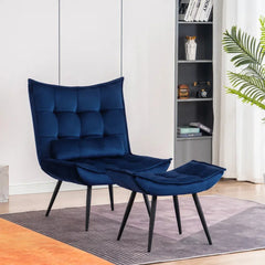 Navy Blue Leatherette Armchair With Footrest & Cushion - All India Decor