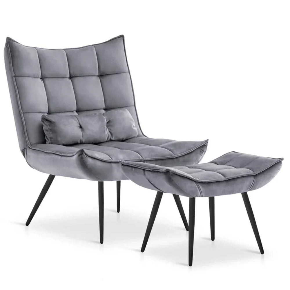 Shiny Grey Leatherette Armchair With Footrest & Cushion - All India Decor