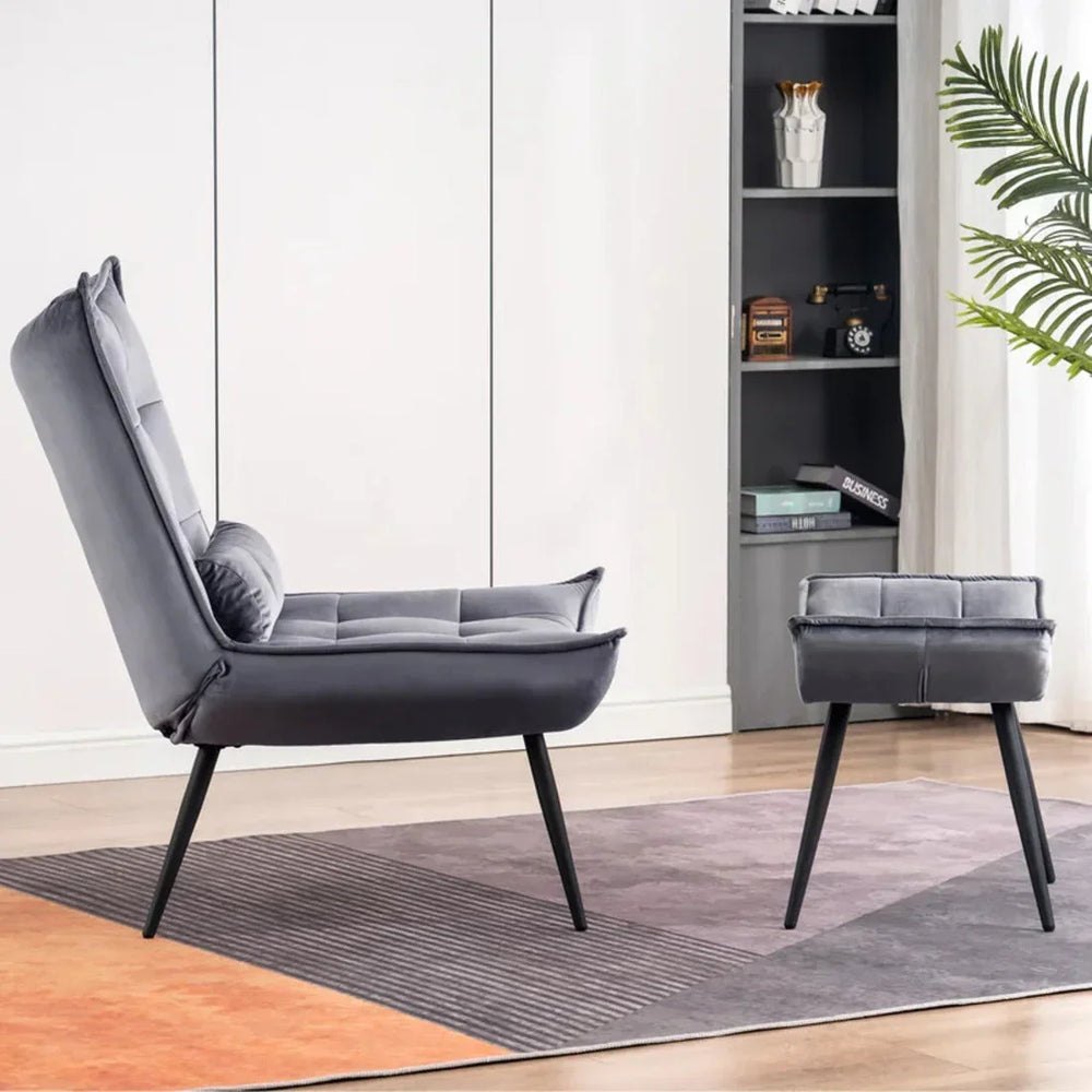 Shiny Grey Leatherette Armchair With Footrest & Cushion - All India Decor