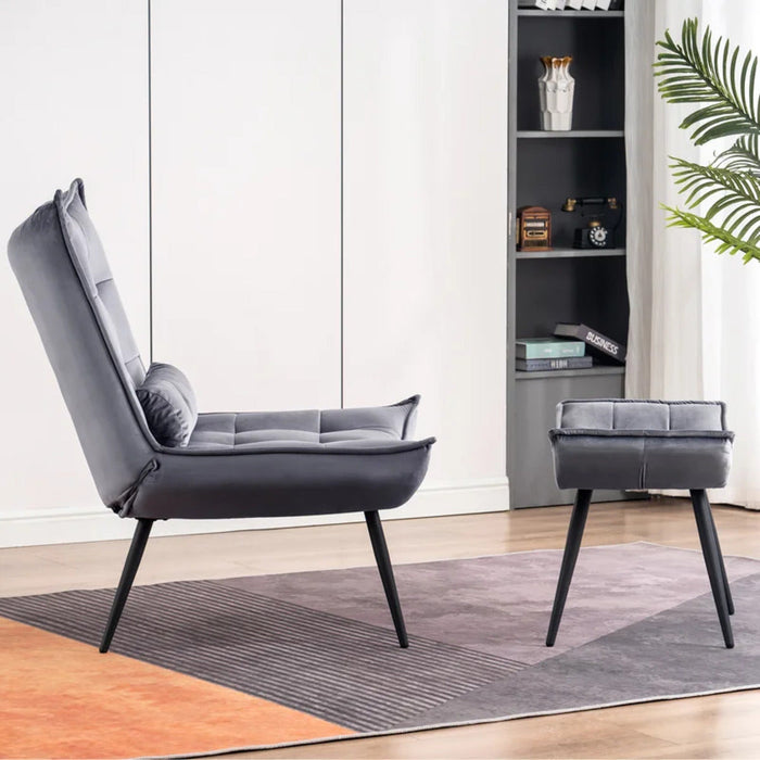 Shiny Grey Leatherette Armchair With Footrest & Cushion