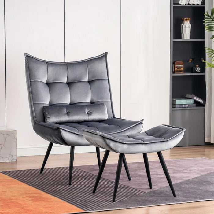 Shiny Grey Leatherette Armchair With Footrest & Cushion