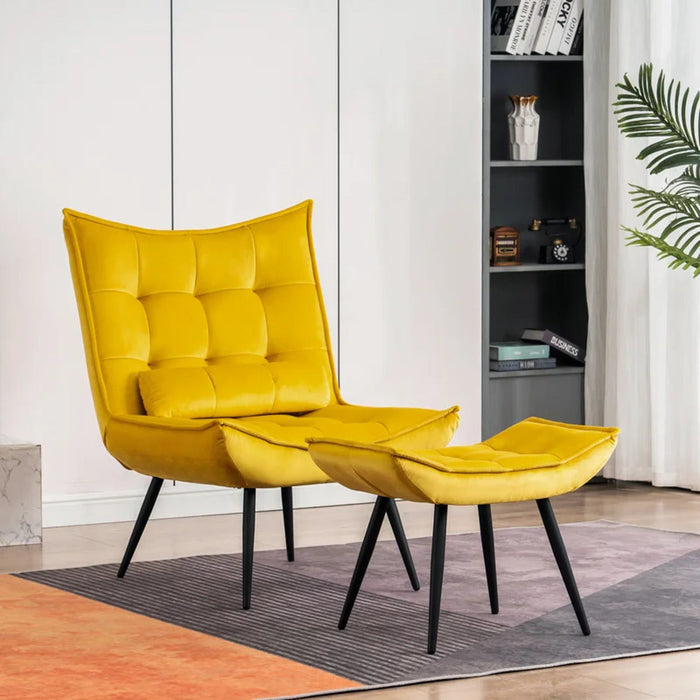 Bright Yellow Leatherette Armchair With Footrest & Cushion