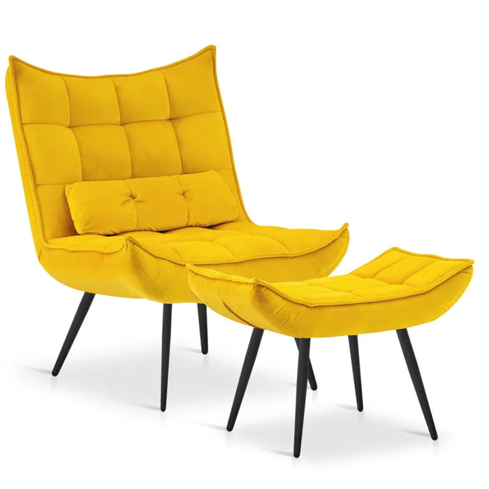 Bright Yellow Leatherette Armchair With Footrest & Cushion