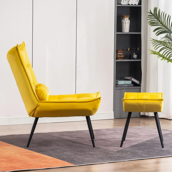 Bright Yellow Leatherette Armchair With Footrest & Cushion