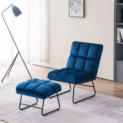 Square Tufted Blue Velvet Chair With Footrest - All India Decor